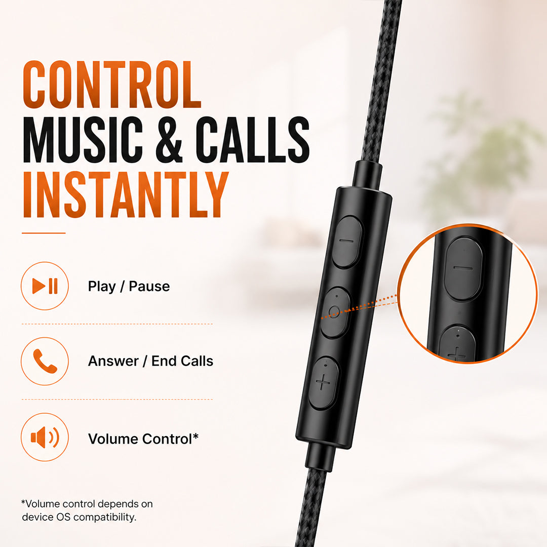 Black wired earbud inline remote with three control buttons, shown on a light beige background with promotional text and an inset close-up of the button area.