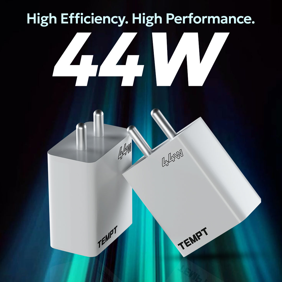 Tempt Bolt 44W Flash Charger High Efficiency 44W Output Phone Charger Adapter for Fast Charging