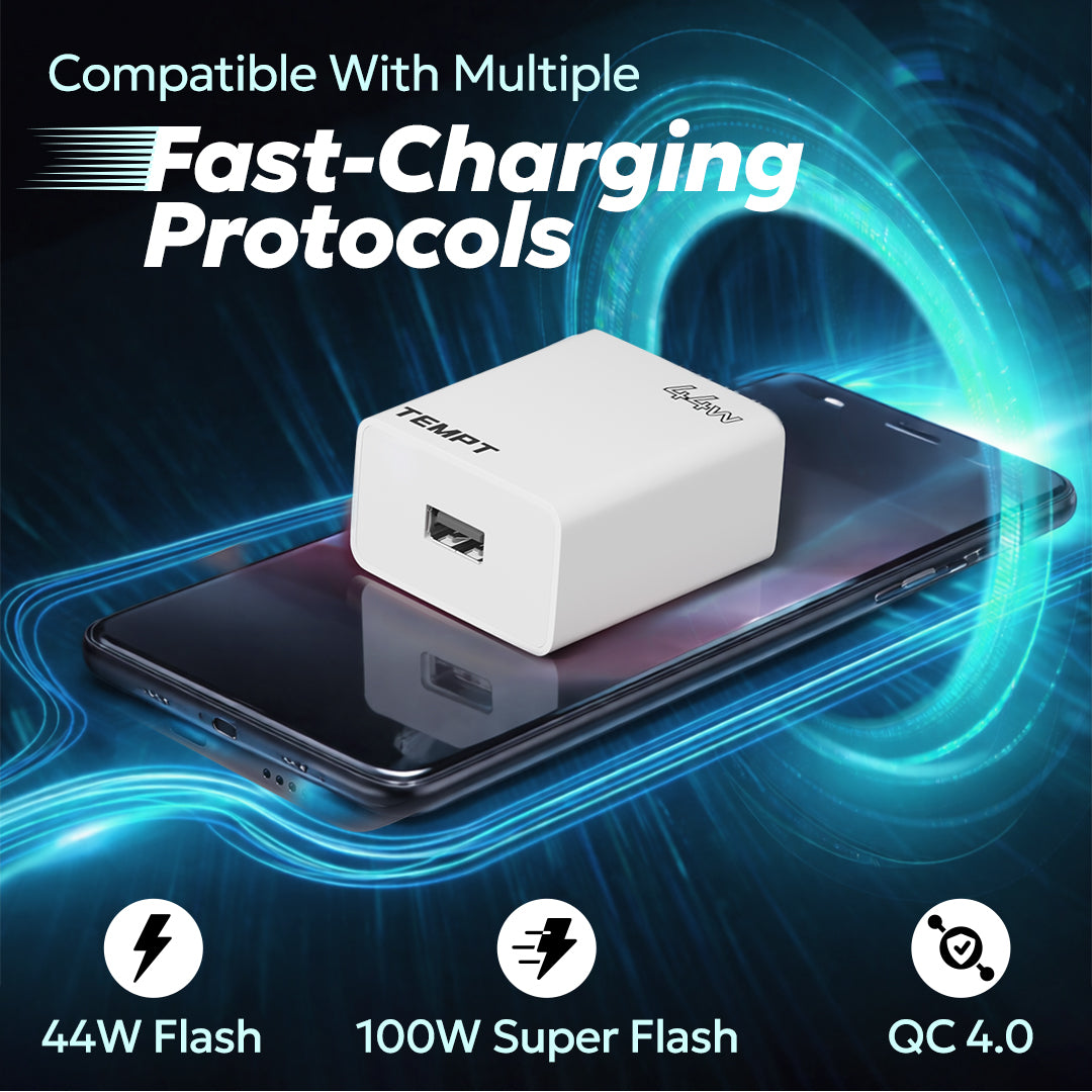 Tempt Bolt 44W Flash Charger USB C Adapter with QC 4.0 Flash Charging and Fast Charging Protocol Support Charger