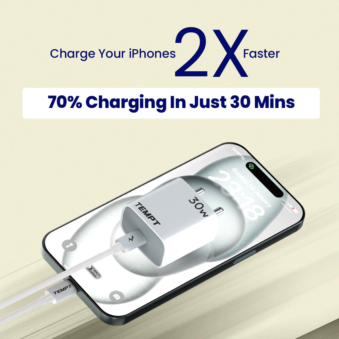Tempt Bolt 30W Fast Charging USB C Adapter iPhone Charger