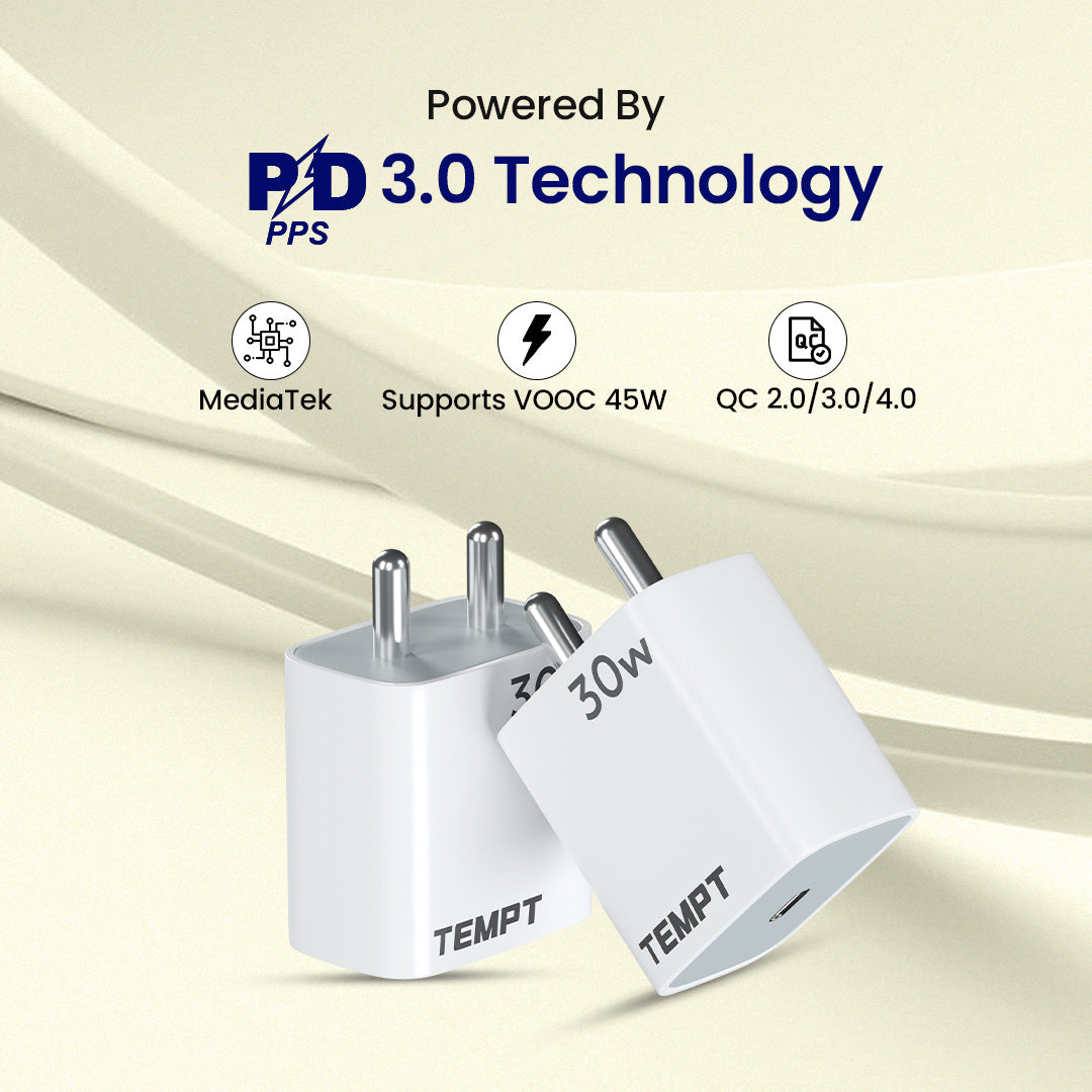 Tempt Bolt 30W PD 3.0 PPS Fast Charging USB C Charger Adapter