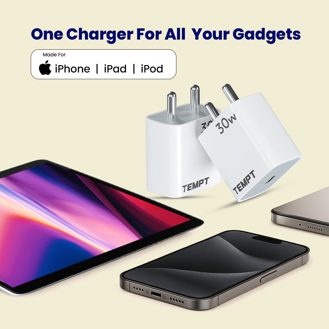 Tempt Bolt 30W Universal USB C Mobile Charging Adapter Phone Charger