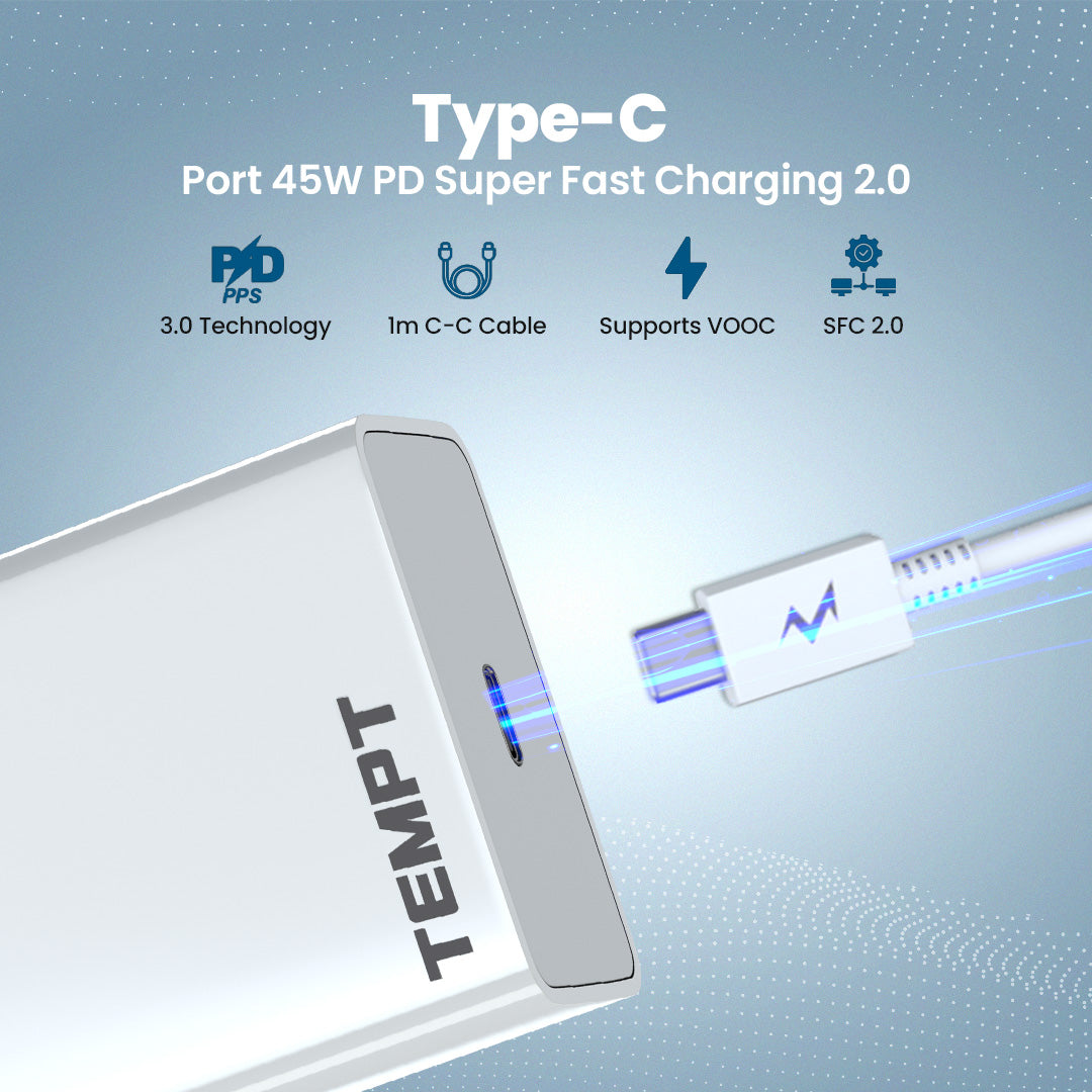 Tempt Bolt 45W Type C PD 3.0 Fast Charging USB C Charger Adapter
