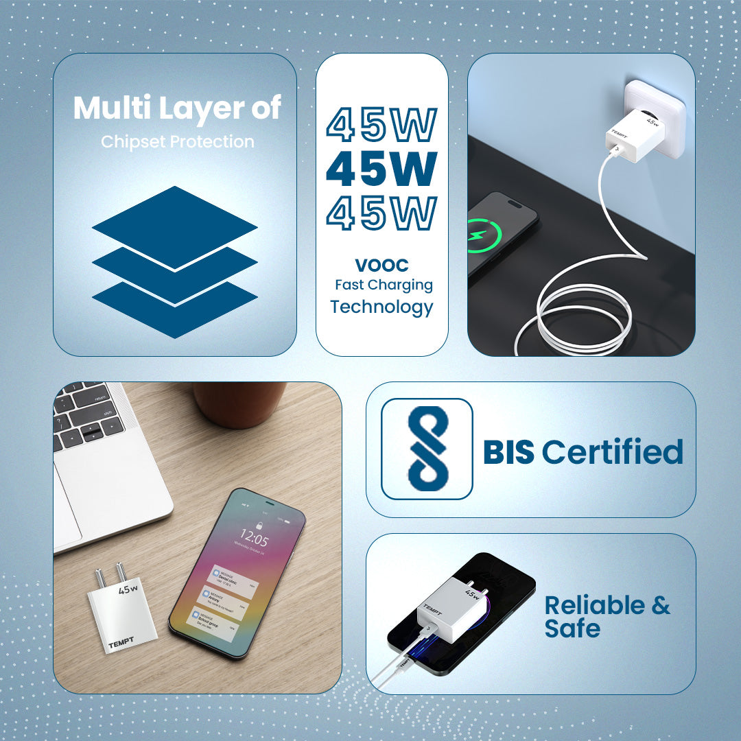 Tempt Bolt 45W PD PPS 45W Fast Charging USB C Adapter Phone Charger