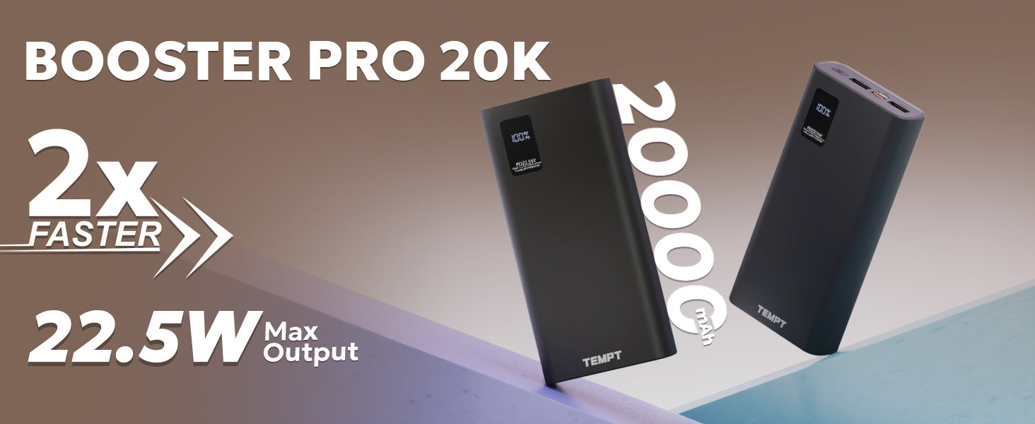 Tempt Booster Pro 20K 20000mAh Fast Charging Power Bank Portable Charger Power Bank with 2 x speed