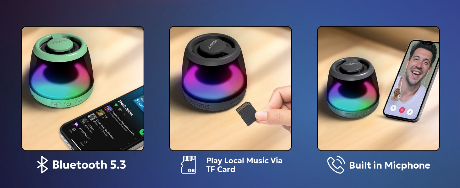 Tempt Cameo Bluetooth 5.3 Portable BT Speaker with TF Card and Mic Mini Speaker