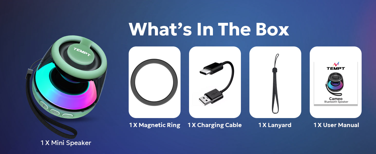 Tempt Cameo Mini Bluetooth Speaker with Charging Cable Magnetic Ring and Lanyard Portable Speaker