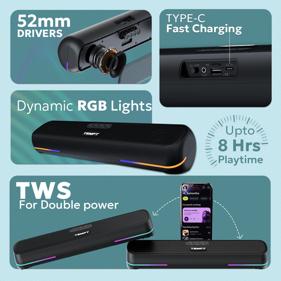 Tempt CineBar Portable Soundbar with Bass and 52mm Drivers Soundbar