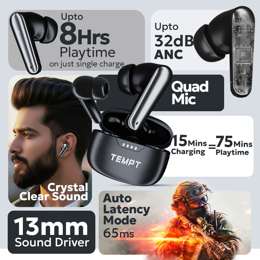 tempt cultpro bluetooth earbuds 18hrs playtime Quad mic, high charging speed, 13mm driver