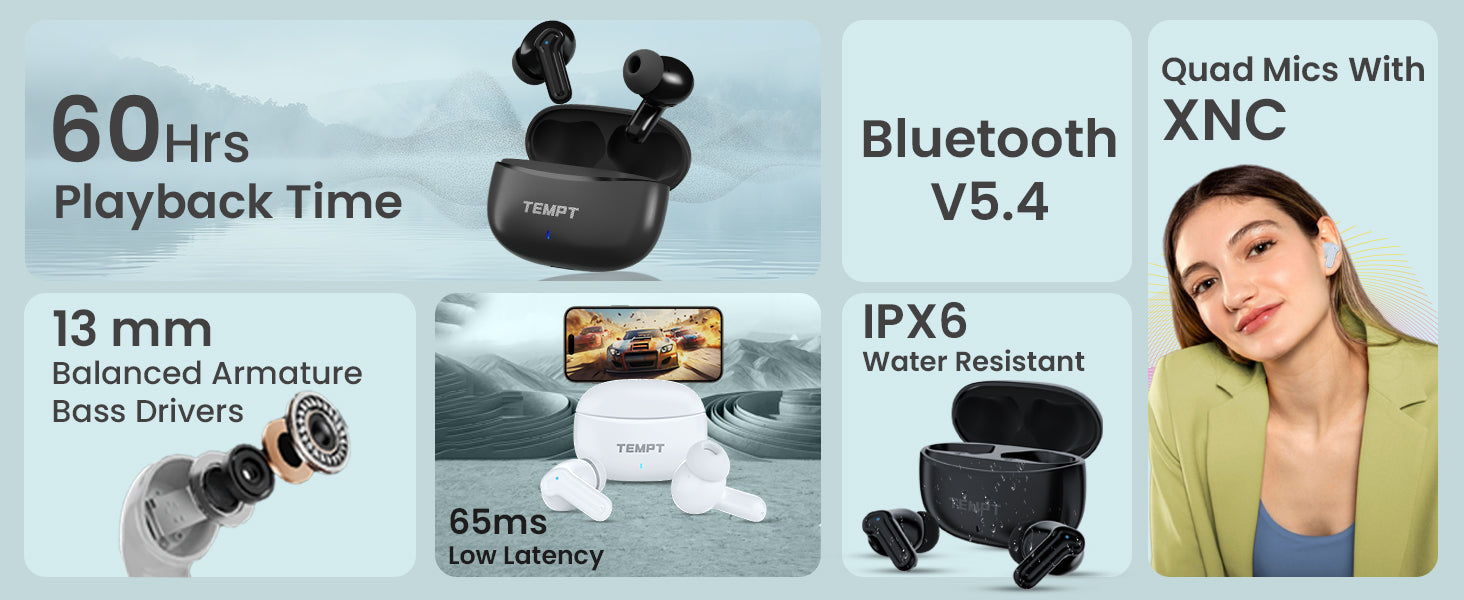 Tempt Dots Pro Best Bluetooth Earbuds with 60 Hours Battery , 13mm bass drivers Wireless Earbuds