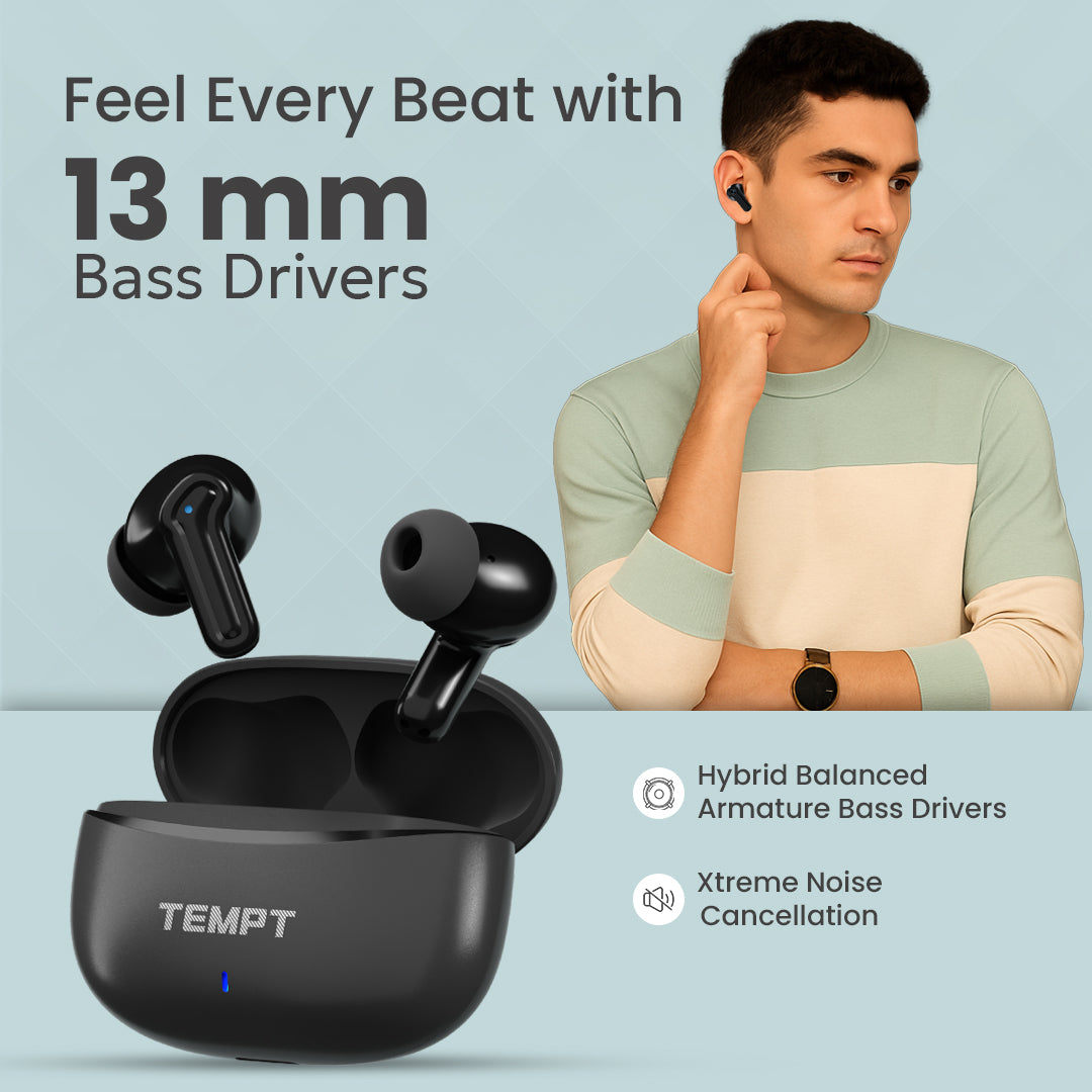 Tempt Dots Pro 13mm Bass Drivers Black Best Sound Quality Wireless Earbuds