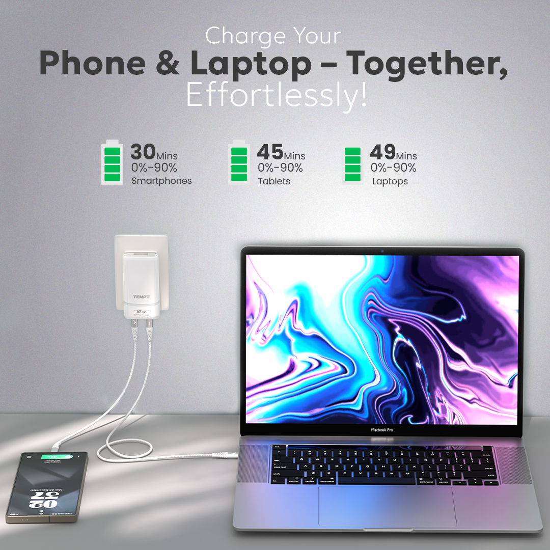 Tempt Elite Travel X Multi Device USB C Adapter Fast Charger for Phone and Laptop Charging Together