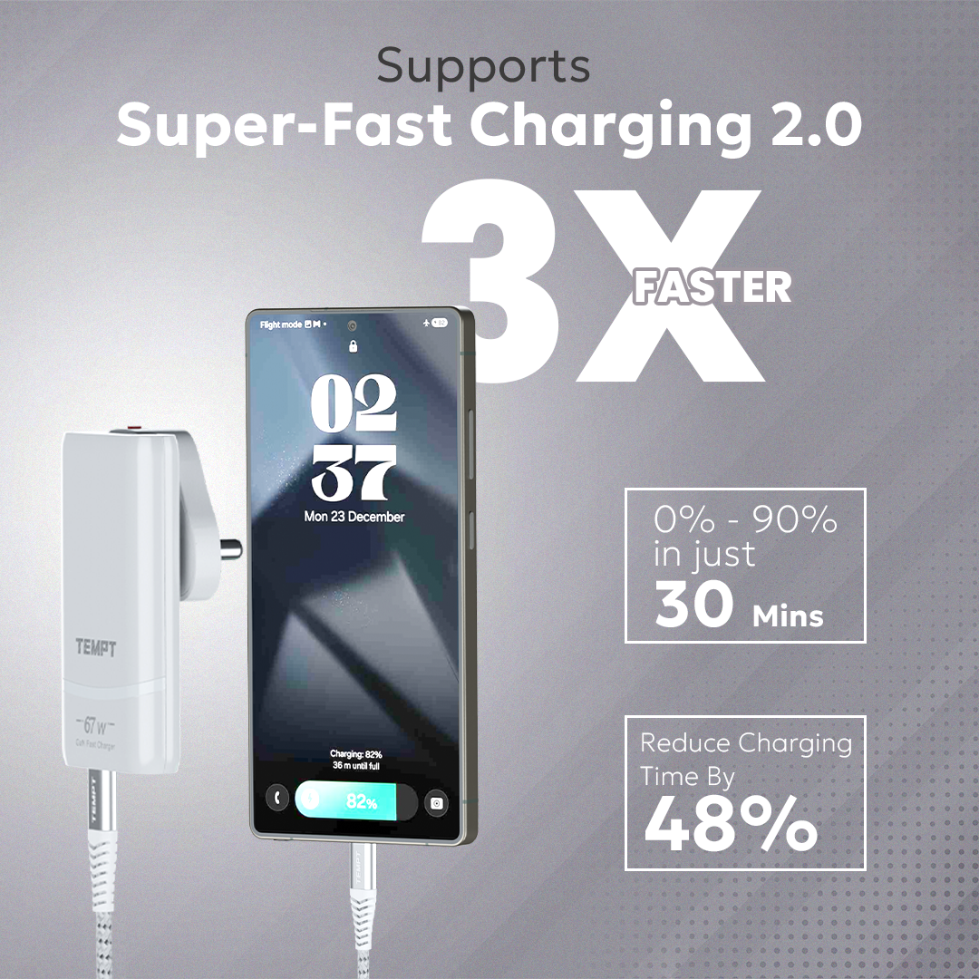 Tempt Elite Travel X Super Fast Type C Charger 67W iPhone Charger Adapter with Rapid Charging