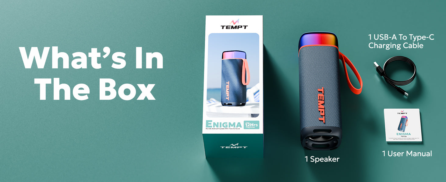Tempt Enigma portable bluetooth speaker with box contents including cable and manual wireless speaker