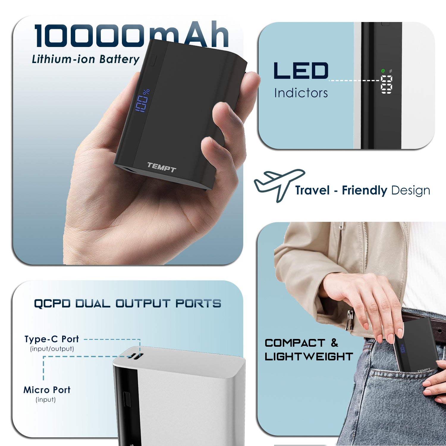 Tempt Fuel 10K LED Indicator Travel Friendly Fast Charging Power Bank
