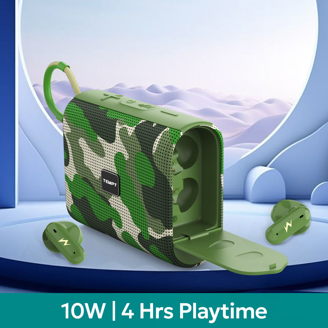 Tempt Juggler best portable bluetooth speaker with 10W output and TWS earbuds wireless speaker