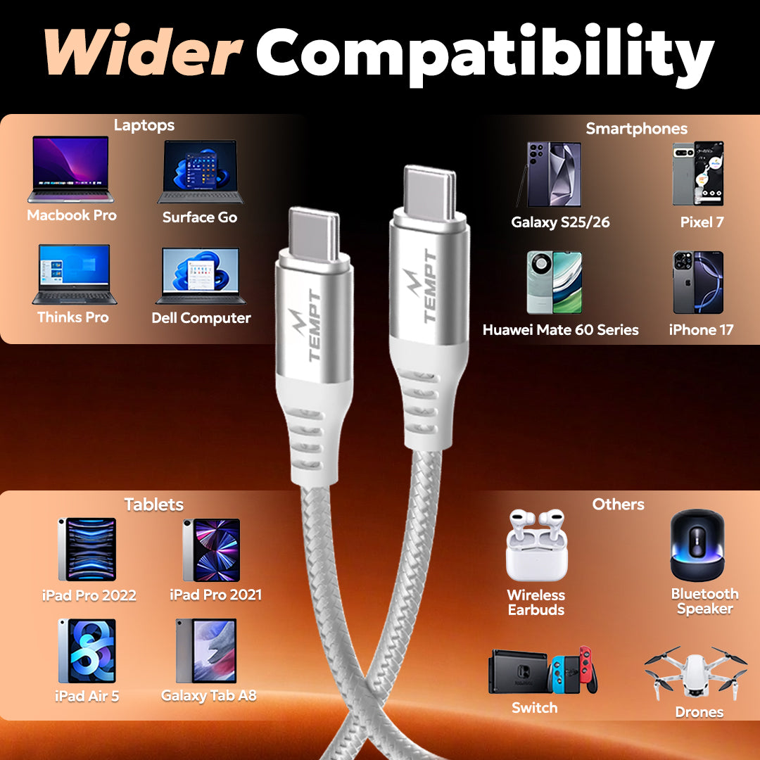 Tempt NOVA 65W Multi Device Charging Cable Wider Compatibility Android iPhone Laptop Cable