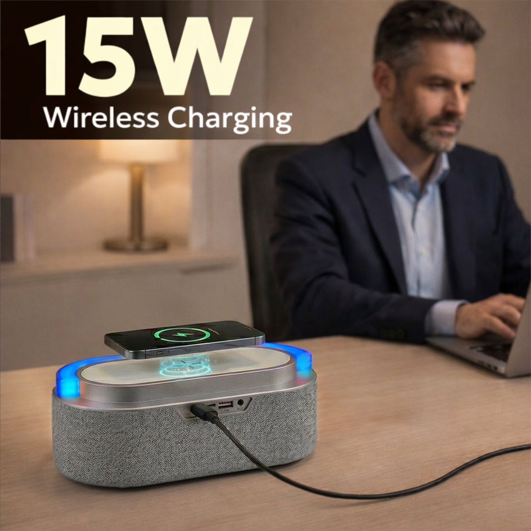 Tempt Privee Fusion Smart Speaker with Digital Clock and Smart Alarm , 15w wireless charger Bluetooth Speaker
