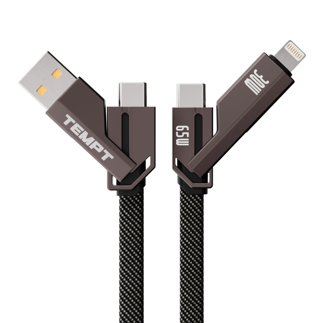 Multi-device charging cable with USB, micro-USB, and Lightning connectors on a white background