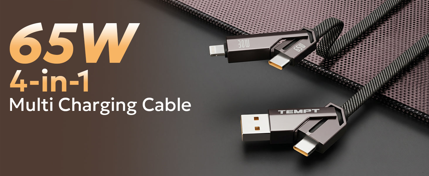 Tempt QuadCharge 65W 4-in-1 Fast Charging Cable Multi Device Charging Cable with USB-C, USB-A and Lightning Connectivity