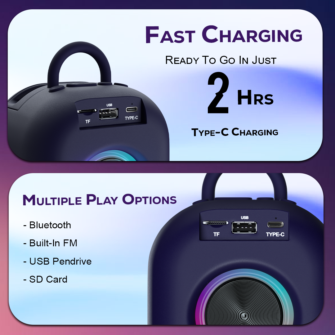 Tempt Rebel bluetooth speaker fast charging with multiple play options portable speaker blue
