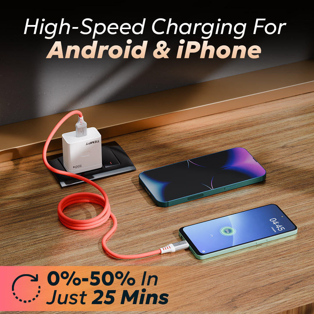 Tempt Silica 120W Type C Cable Android and iPhone Fast Charging Cable
