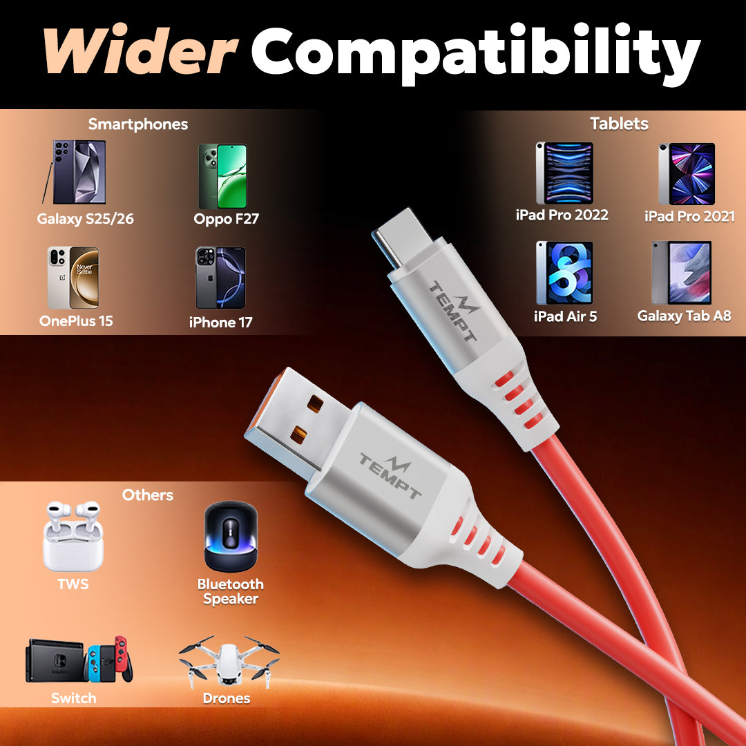 Tempt Silica 120W USB C Charging Cable Wider Compatibility Multi Device Cable