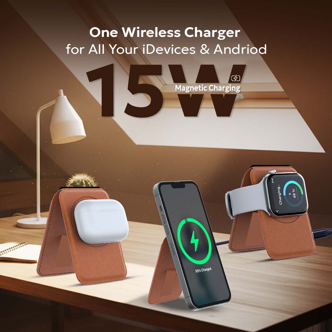 Tempt Trigo Brown 15W Fast Wireless Charger for Phone AirPods and Watch Wireless Charger