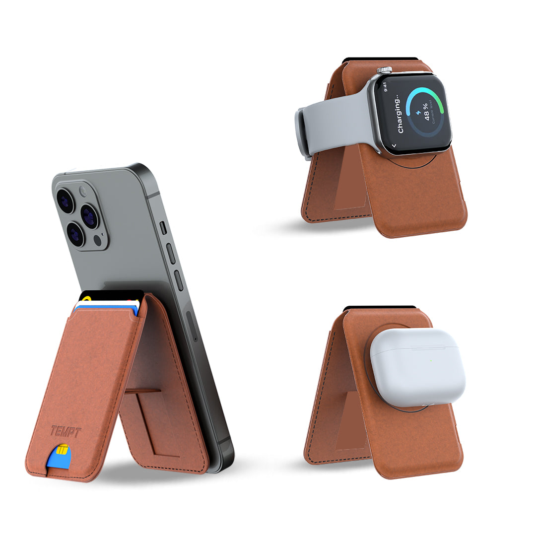 Tempt Trigo Brown Wireless Charger for Phone AirPods and Watch with Foldable Stand Wireless Charger