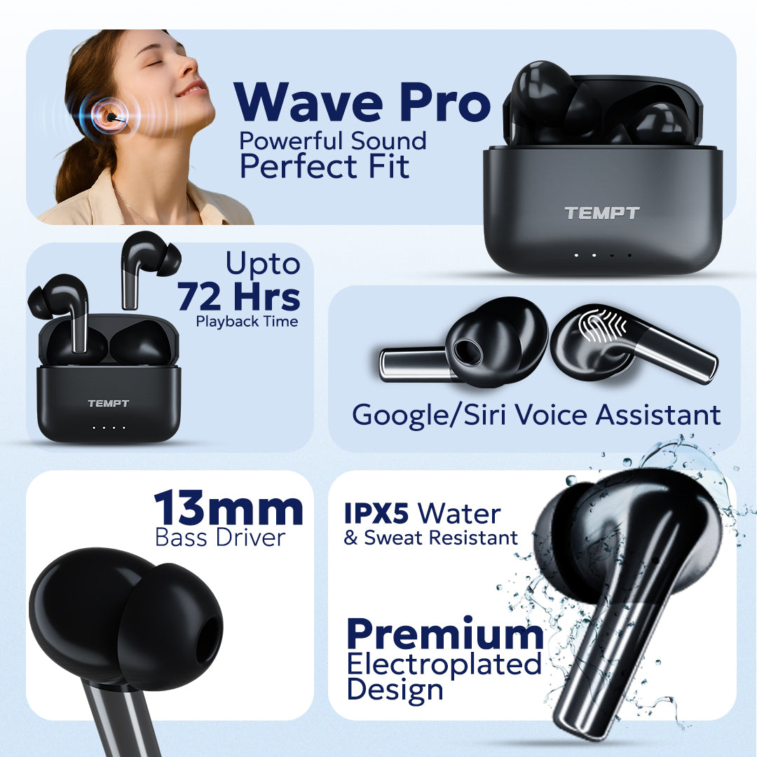 Tempt Wave Pro Best Wireless Earbuds with 72 Hours Battery and Bass Driver