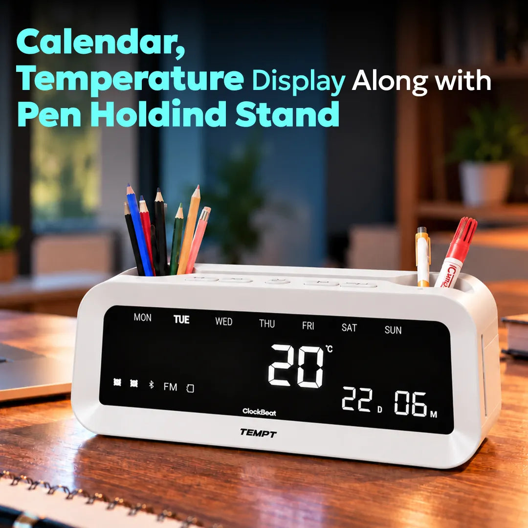 temptindia_White_juggler_clockbeat_speaker_calender_temperature_with_pen_holding_stand
