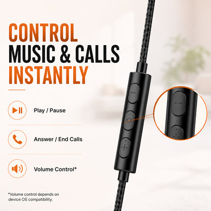 Black wired earbud inline remote with three control buttons, shown on a light beige background with promotional text and an inset close-up of the button area.