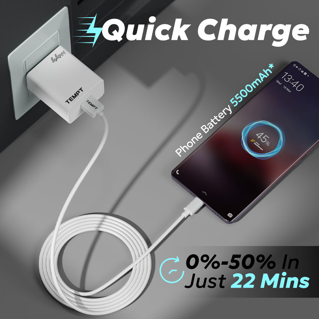 Tempt Bolt 44W Flash Charger QC 4.0 Quick Charge Fast Charging Adapter for Smartphones Charger