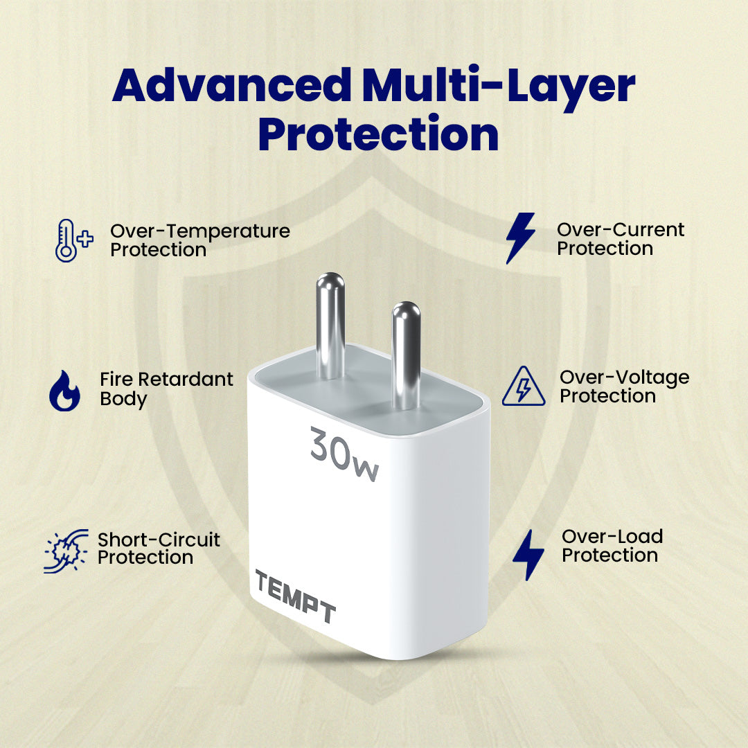 Tempt Bolt 30W Multi Layer Protection USB C Charger Adapter Phone Charger