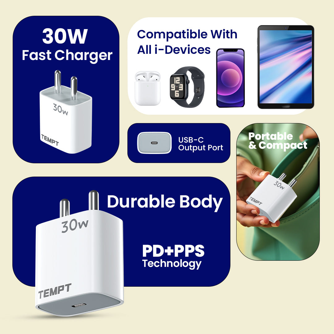 Tempt Bolt 30W PD PPS Fast Charging USB C Adapter Phone Charger