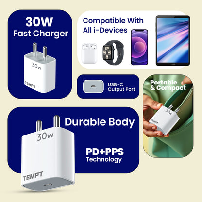 Tempt Bolt 30W PD PPS Fast Charging USB C Adapter Phone Charger