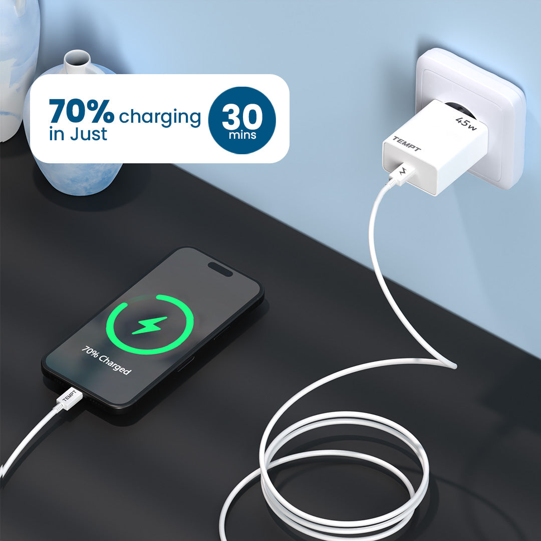Tempt Bolt 45W Super Fast Charging USB C Adapter Phone Charger