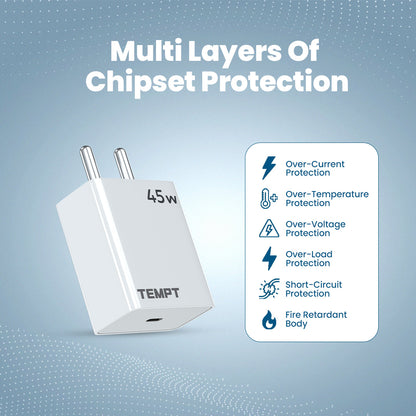 Tempt Bolt 45W Multi Layer Chipset Protection USB C Charger Adapter