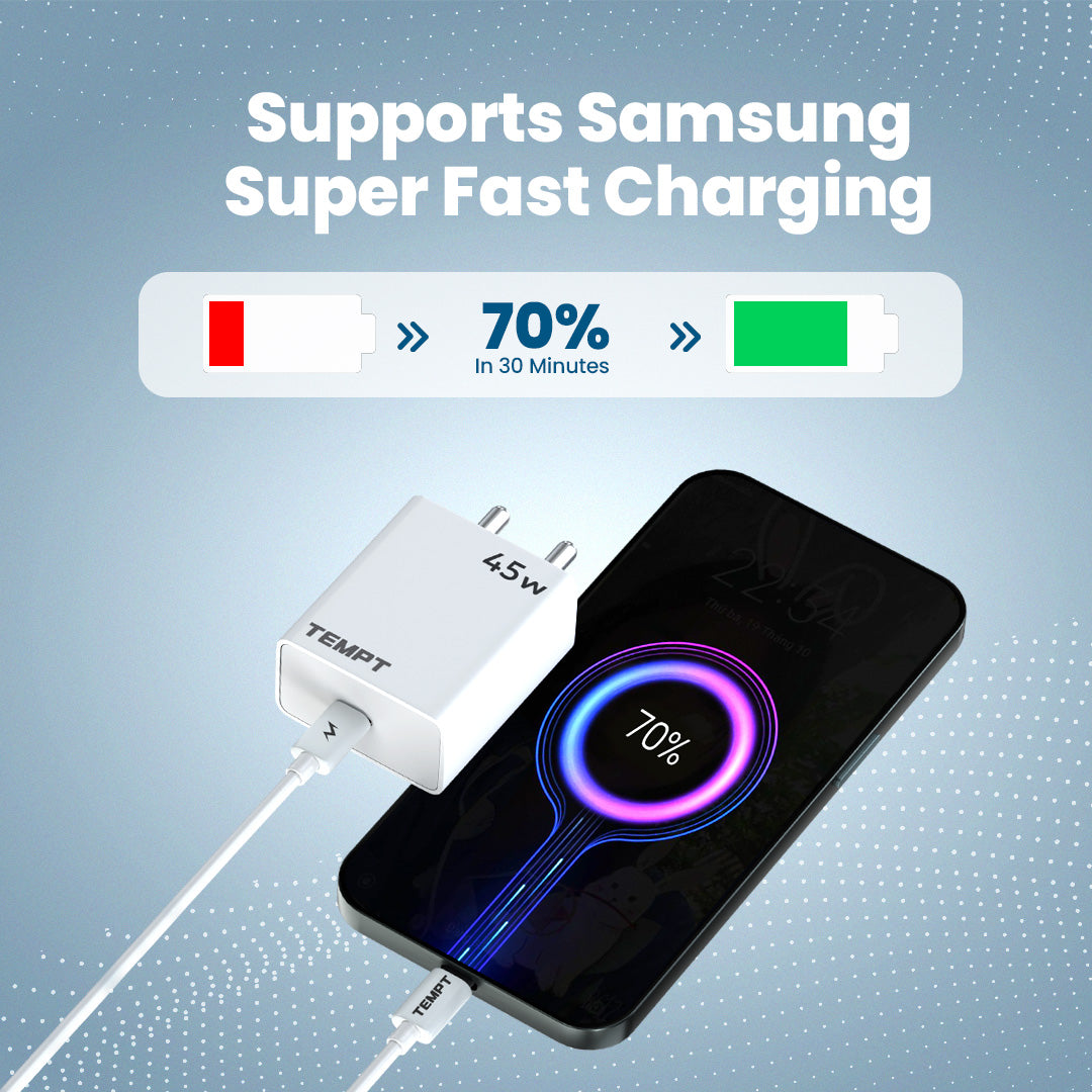 Tempt Bolt 45W Super Fast Charging USB C Adapter Phone Charger