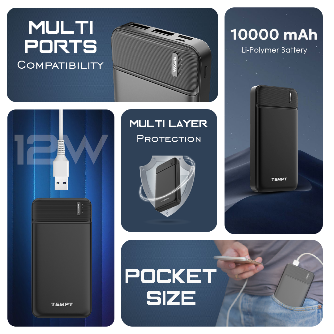 Tempt Booster 10000mAh portable charger with multi features in black