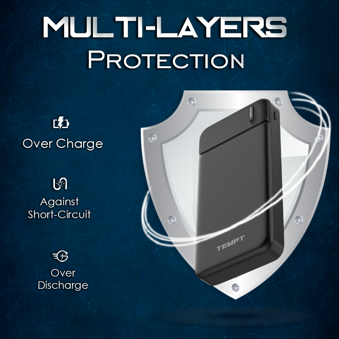 Tempt Booster power bank with multi-layer protection in black portable charger