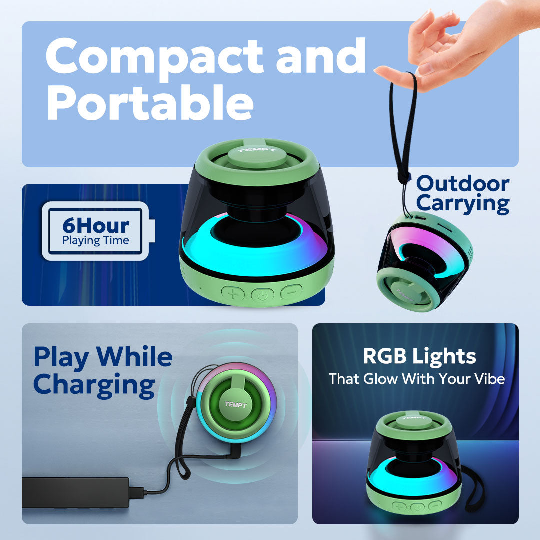 Tempt Cameo Green Compact RGB Light Portable Bluetooth Speaker Small Wireless Speaker