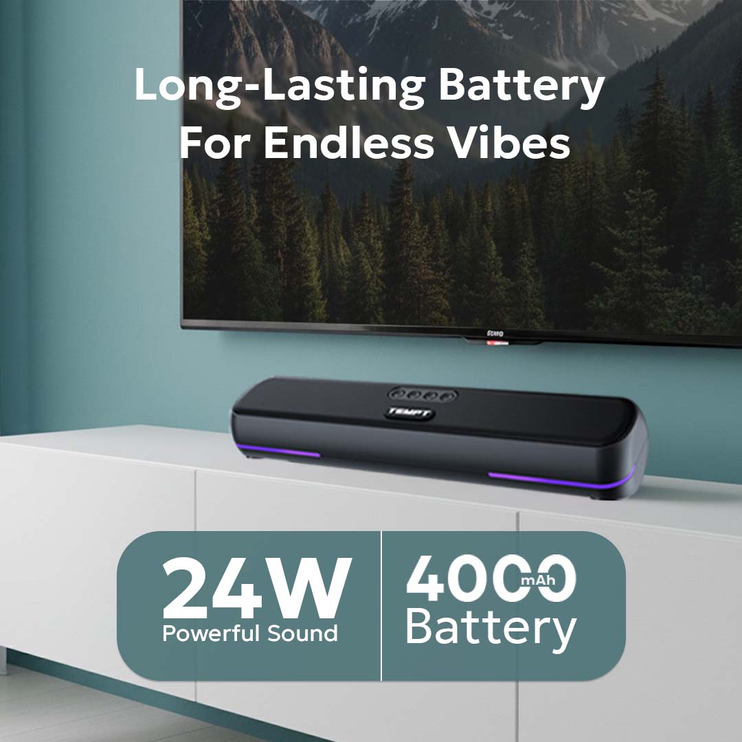 Tempt CineBar Mini Soundbar with RGB Lights Wireless Soundbar for TV, with long- lasting battery for endless vibes