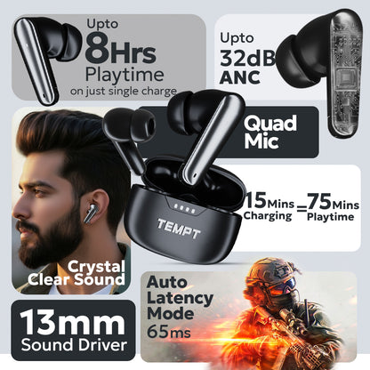tempt cultpro bluetooth earbuds 18hrs playtime Quad mic, high charging speed, 13mm driver