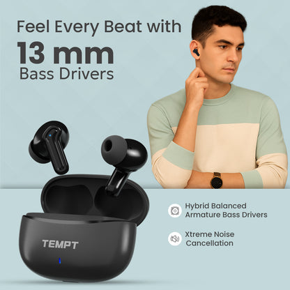 Tempt Dots Pro 13mm Bass Drivers Black Best Sound Quality Wireless Earbuds