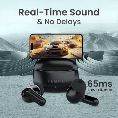 Tempt Dots Pro 65ms Low Latency Gaming Black Wireless Earbuds