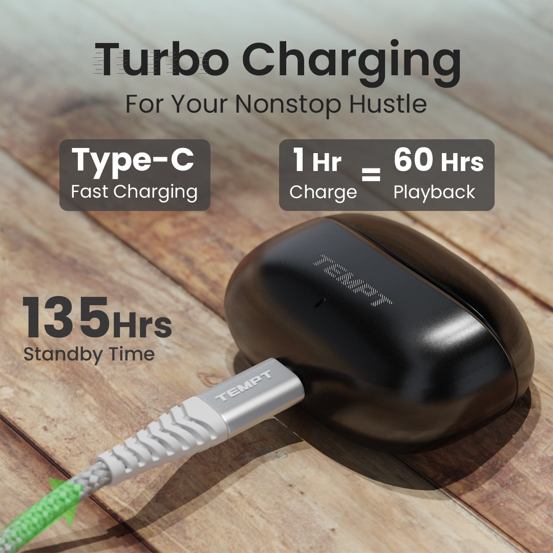 Tempt Dots Pro Type C Fast Charging 60 Hours Playback Black Wireless Earbuds