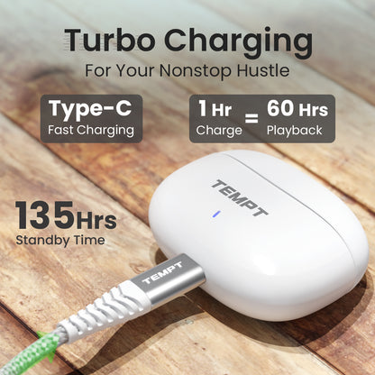 Tempt Dots Pro Type C Fast Charging 60 Hours Playback Wireless Earbuds
