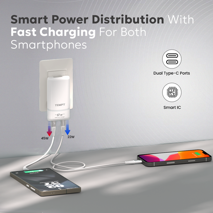 Tempt Elite Travel X Dual USB C Adapter Fast Charging Adapter for Smartphones with Smart Power Distribution