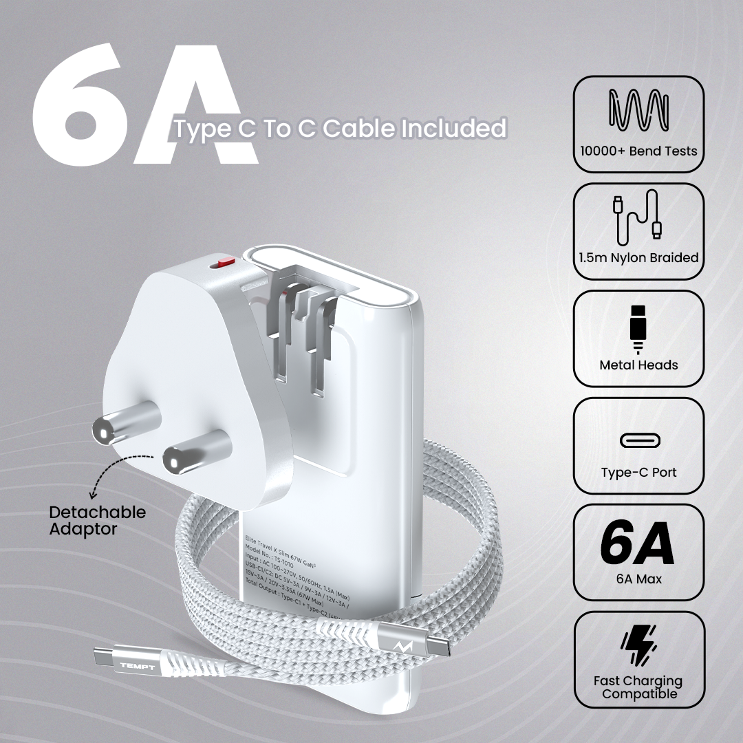 Tempt Elite Travel X 67W Type C Charger with 6A Fast Charging Adapter and Cable Mobile Charging Adapter